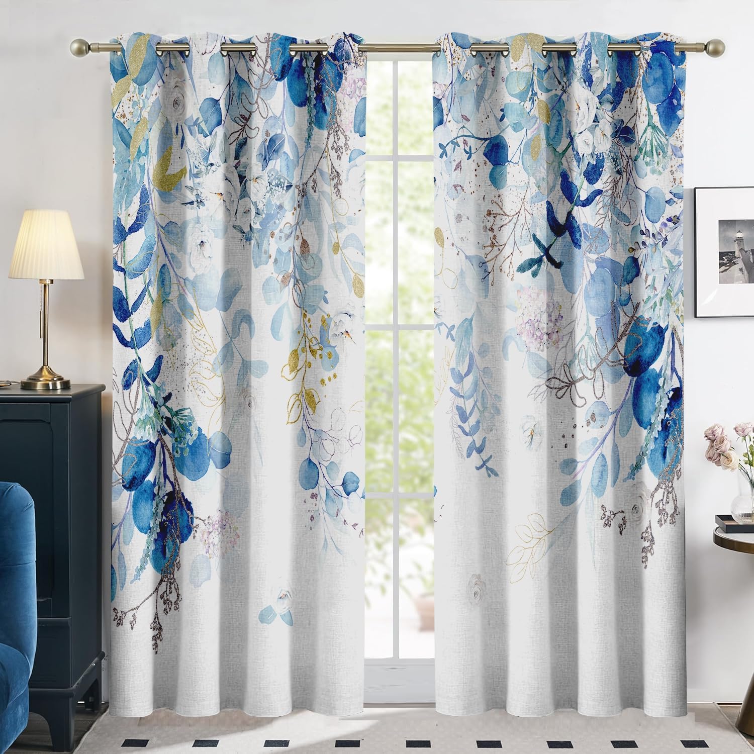 GOLDLAWN Blue and White Blackout Linen Textured Curtains for Bedroom Blue Floral Summer Thermal Insulated Grommet Room Darkening Cur…