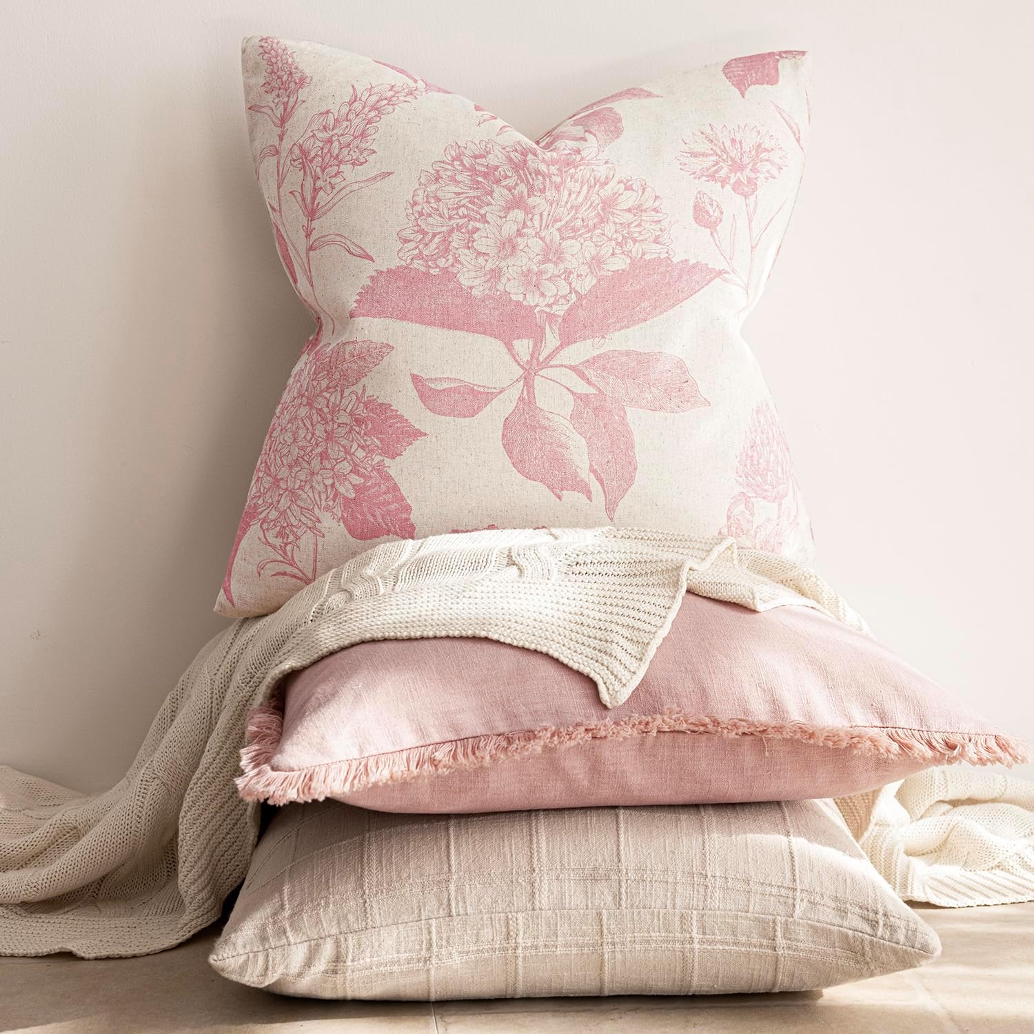 Foindtower Set of 2 Linen Floral Throw Pillow Covers Neutral Vintage Print Decorative Cozy Cushion Covers Farmhouse Boho Home Decor for…