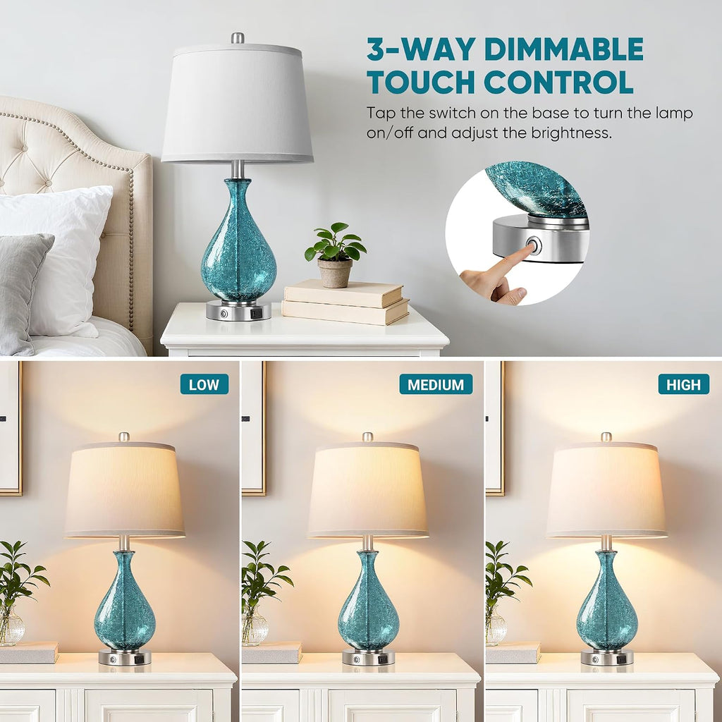 QiMH Glass Table Lamp for Living Room Bedroom Set of 2, 22.5" LED Light with Touch Control, Blue 3 Way Dimmable Modern Bedside Lamps for…