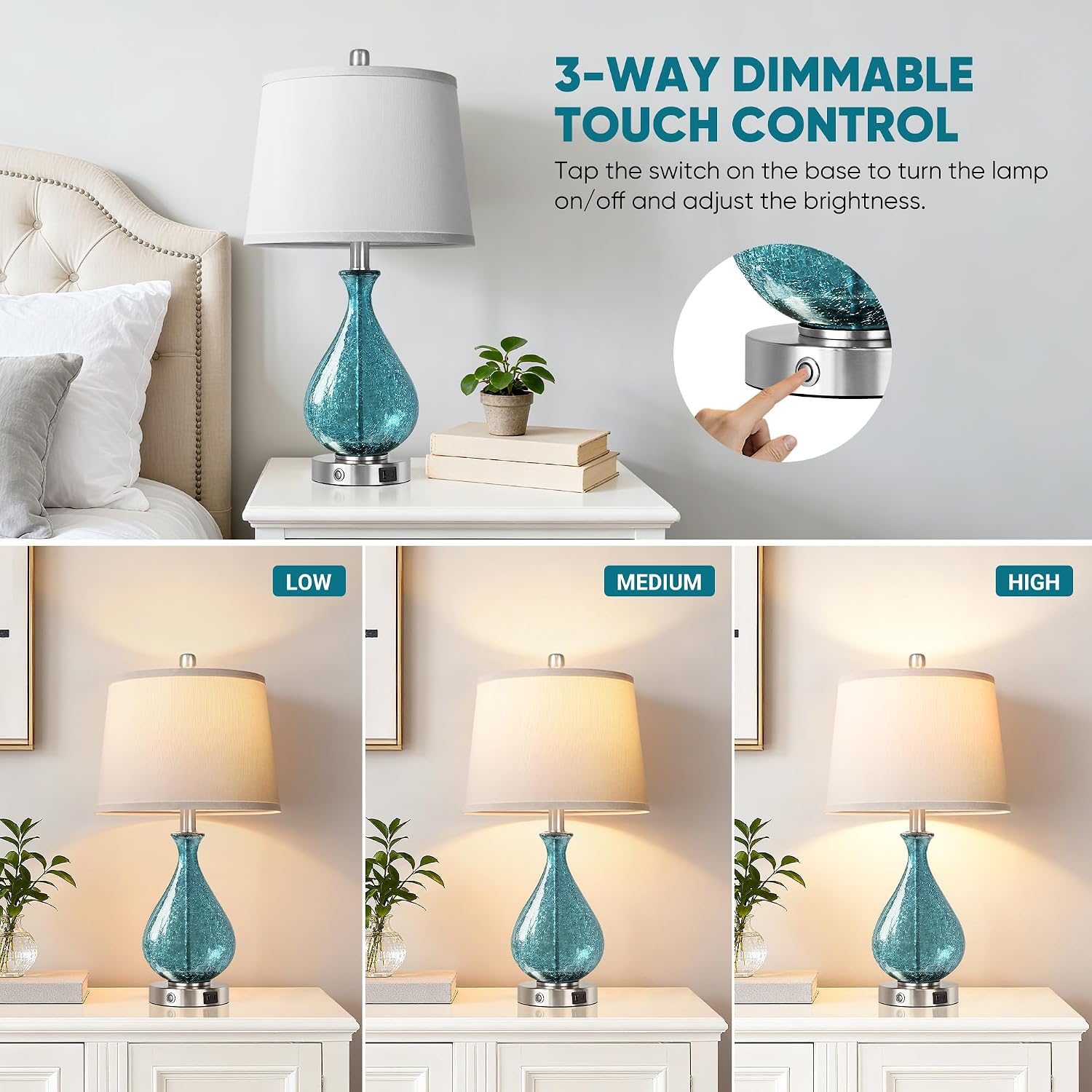 QiMH Glass Table Lamp for Living Room Bedroom Set of 2, 22.5" LED Light with Touch Control, Blue 3 Way Dimmable Modern Bedside Lamps for…