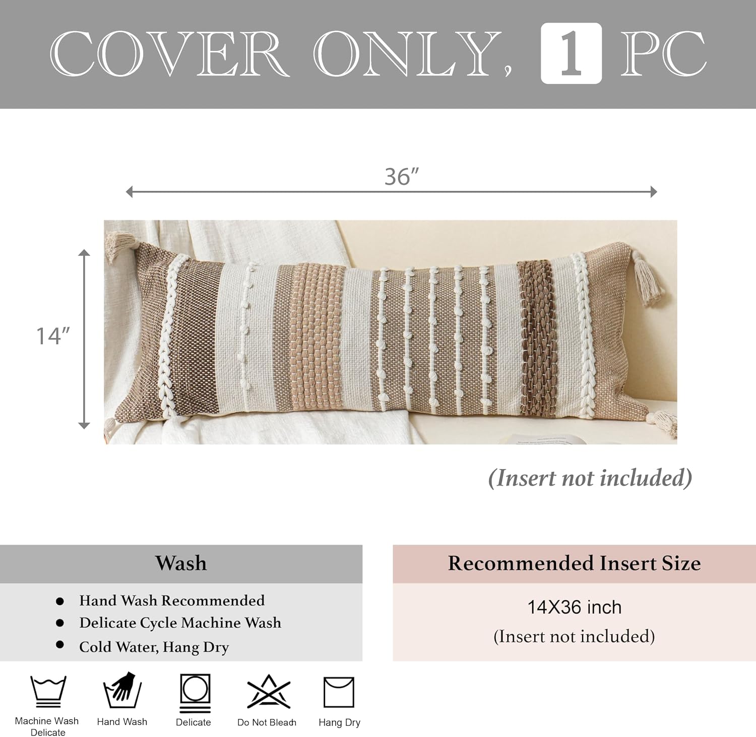 BlissBlush Brown Decorative Lumbar Pillow Cover 14x36 Boho Long Body Pillow for Bed Farmhouse Lumbar Throw Pillow for Couch Modern Accent…