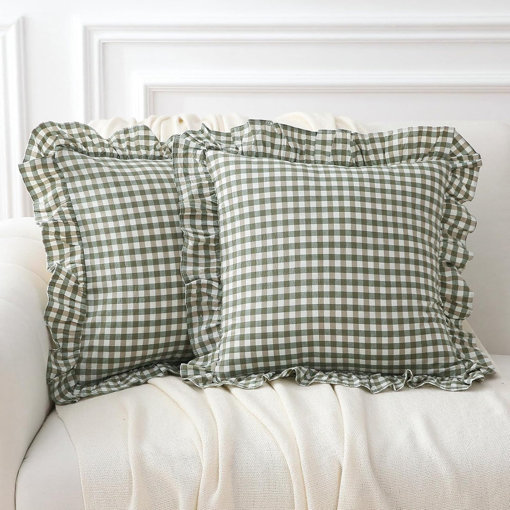 Kmasaniji 2 Pack Sage Green Plaid Ruffle Gingham Throw Pillow Covers, 100% Washed Cotton Checkered Farmhouse Decorative Pillow Shams for Be…