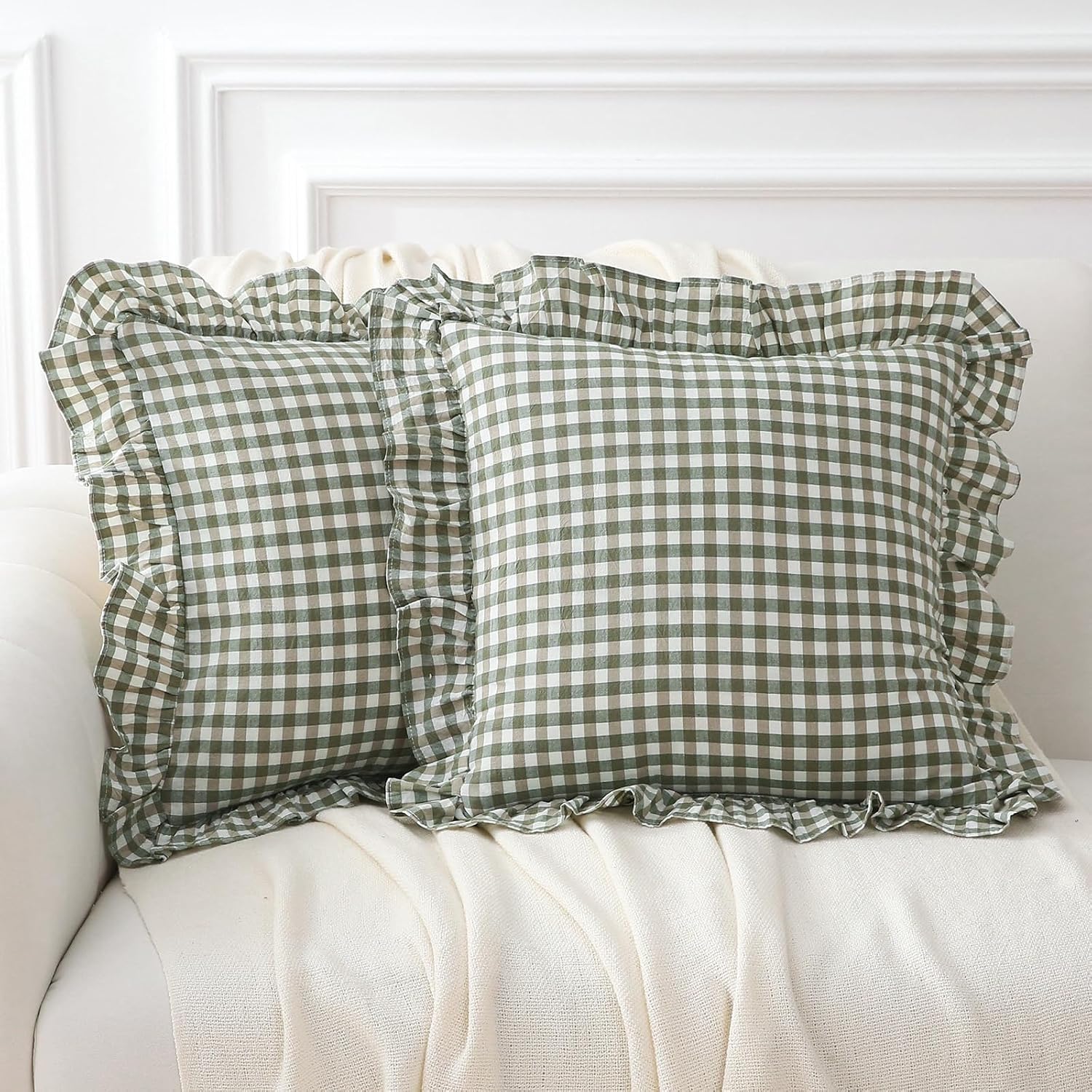 Kmasaniji 2 Pack Sage Green Plaid Ruffle Gingham Throw Pillow Covers, 100% Washed Cotton Checkered Farmhouse Decorative Pillow Shams for Be…
