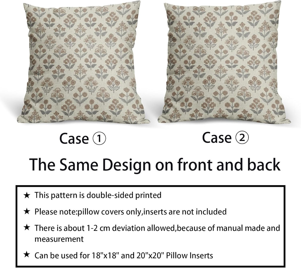Brown Grey Gray Floral Block Print Pillow Covers 18x18 Inch Set of 2, Vintage Flower Pattern Decorative Throw Pillowcases Outdoor…