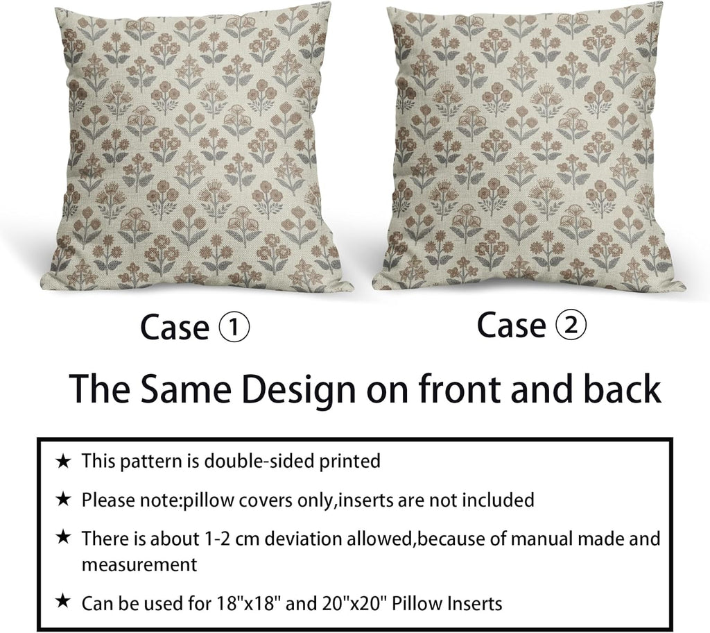 Brown Grey Gray Floral Block Print Pillow Covers 20x20 Inch Set of 2, Vintage Flower Pattern Decorative Throw Pillowcases Outdoor…