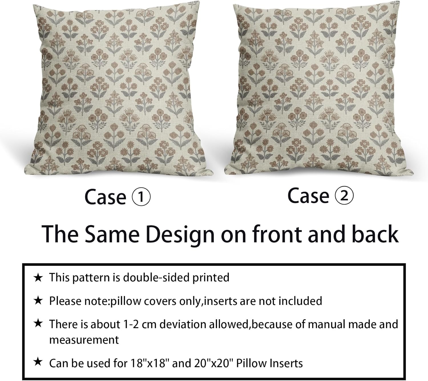 Brown Grey Gray Floral Block Print Pillow Covers 20x20 Inch Set of 2, Vintage Flower Pattern Decorative Throw Pillowcases Outdoor…