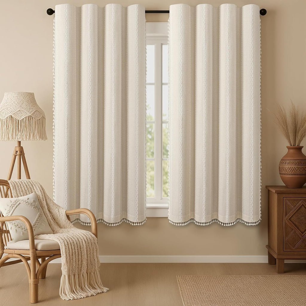 XOGUIBO Boho Blackout Curtains 63 Inches Long Beige Linen Blend 2 Panels with Tassels and Cotton Embroidery, Farmhouse Vintage Rusti…