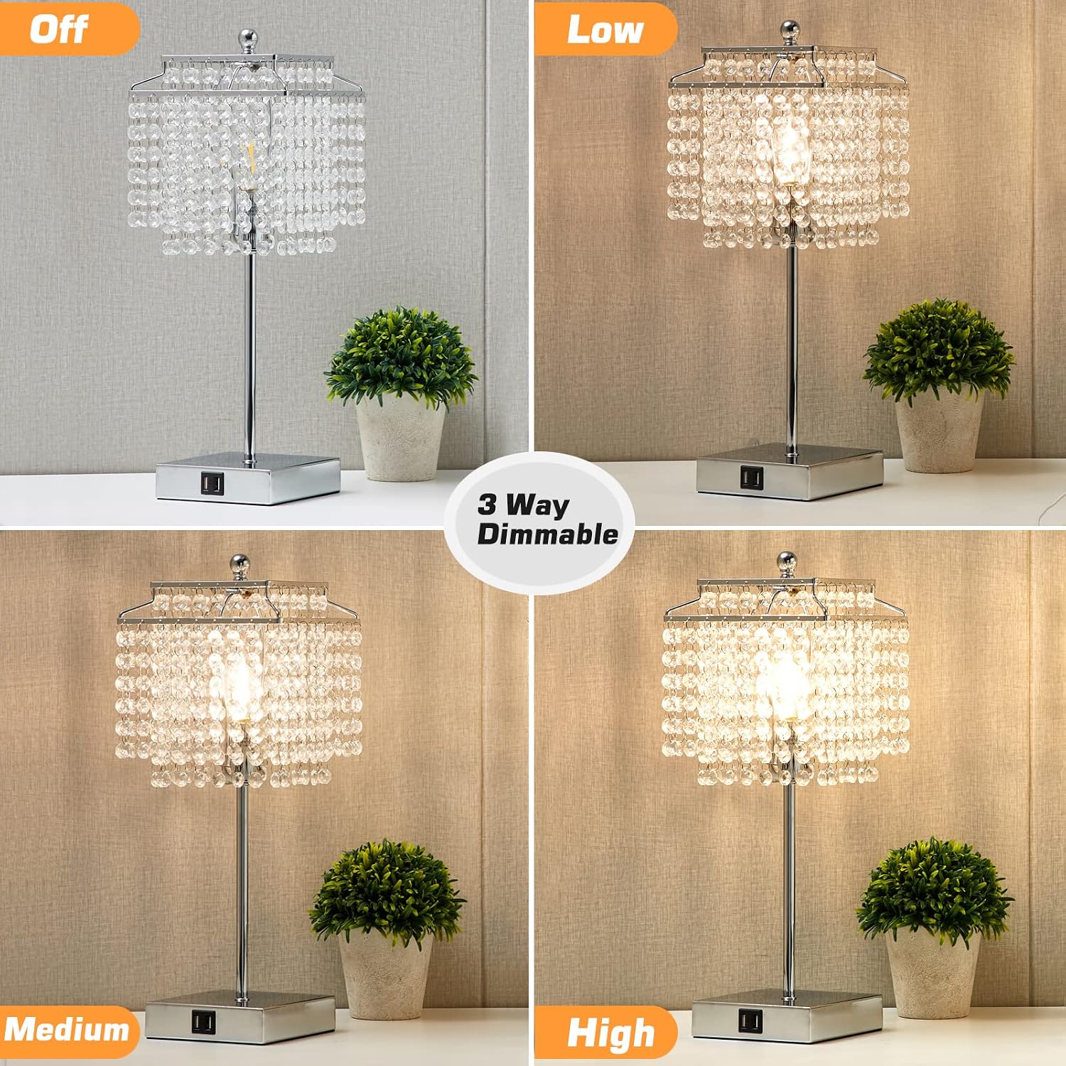 Touch Crystal Table Lamp Silver, Bedside Lamp with USB C+A Ports, Dimmable Nightstand Lamp with Crystal Shade, Bedroom Lamp for Girls…