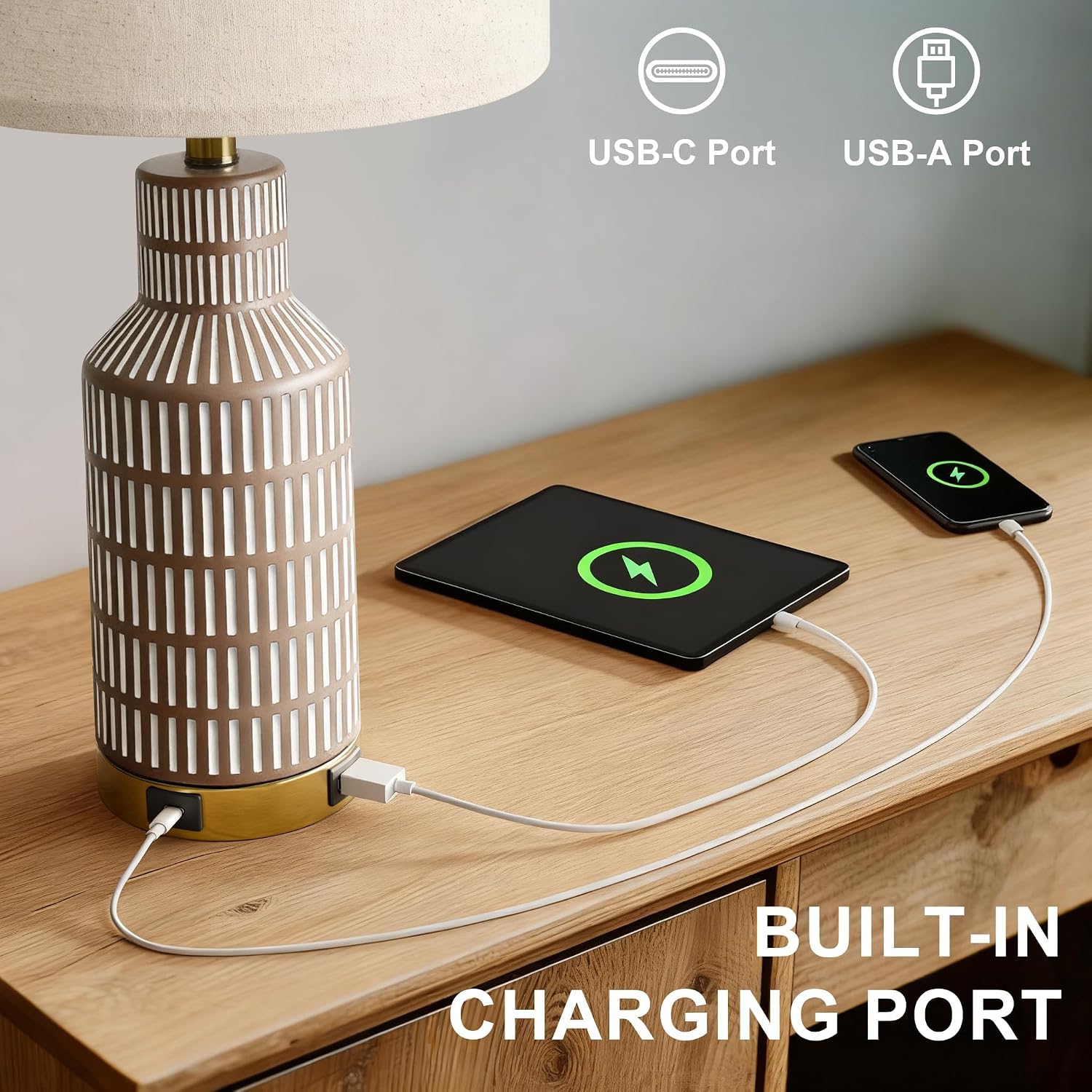 USumkky 25" Modern 3-Way Dimmable Touch Control with USB A+C Ceramic Lamps Set of 2 Table Lamp for Living Room Bedroom Farmhouse…