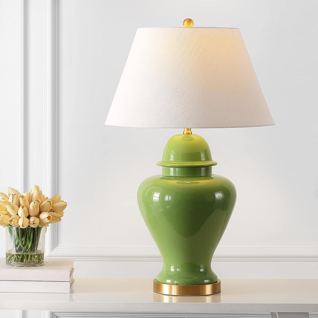 JONATHAN Y 33" Green Modern Ceramic Ginger Jar Table Lamp for Living Room, Traditional Bedside Lamp for Bedroom Entryway, White Linen…