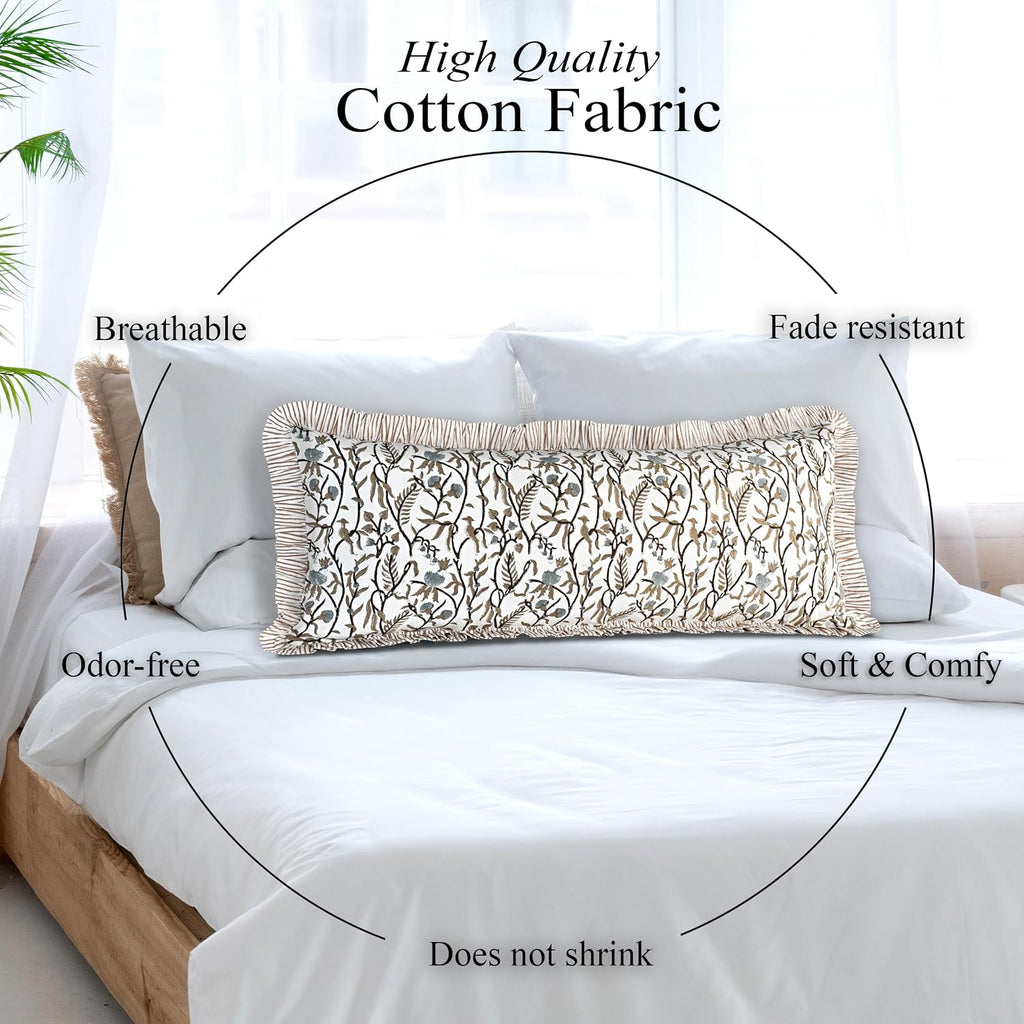 Cottonprintclub CPC Hand Block Print Cocoa Vine Ruffle Sham Pillow Cover 36" x 14" inch Hidden Zipper Decorative Pillowcase for Couch, Bed,…