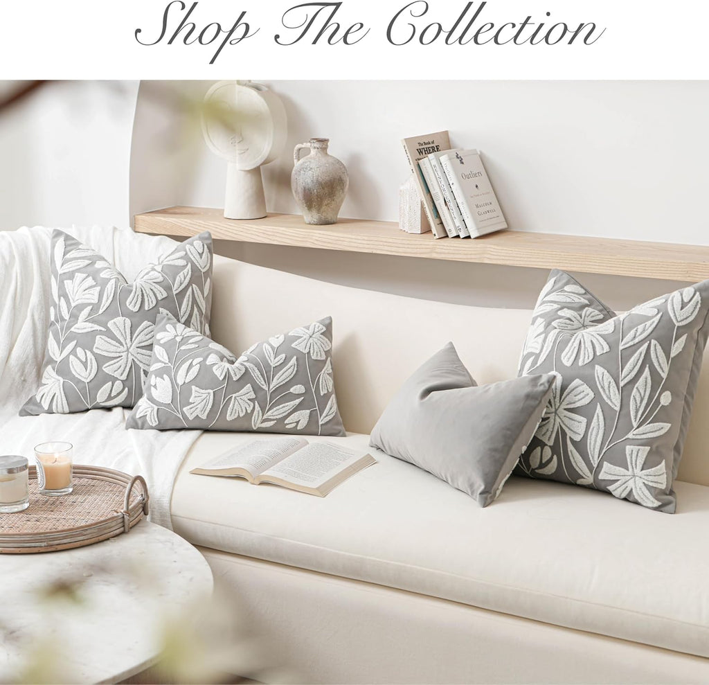 BlissBlush Gray Floral Lumbar Pillow Cover 14x36 Inch, Velvet Long Accent Pillow Cover for Bed, Soft Rectangle Decorative Farmhouse…
