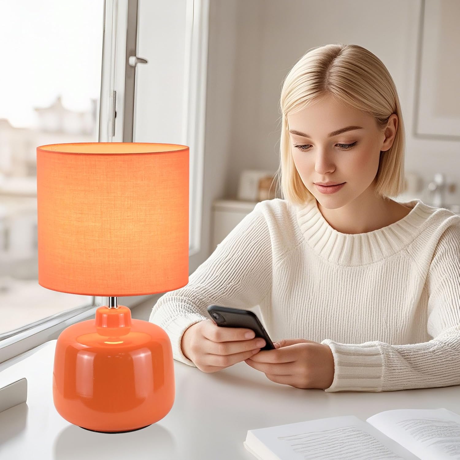 Oslo Small Ceramic Table Lamp for Living Room and Bedroom, Modern Kids Night Table Lamp, Φ7.09×H13.39IN, Bulb Excluded, Orange