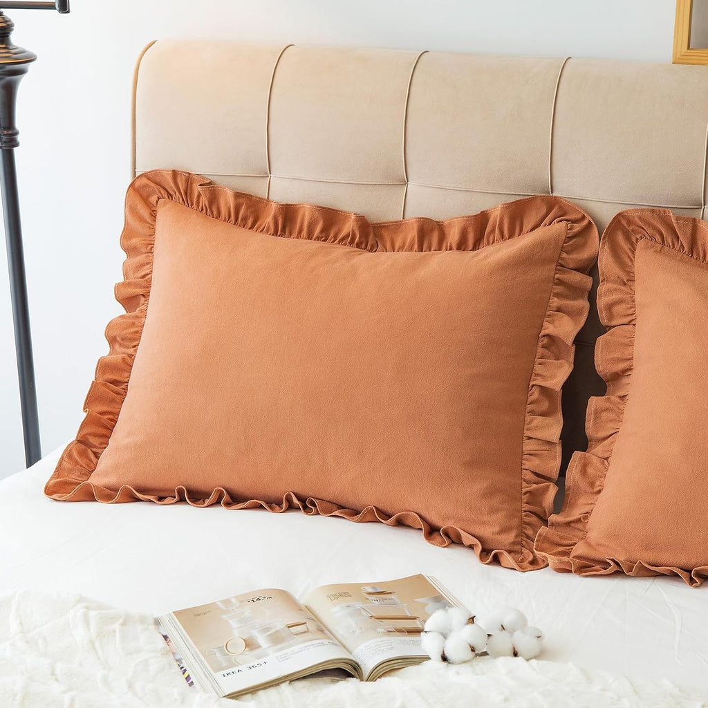 GLORY SEASON Pillow Shams Set of 2 Washed 100% Cotton Retro Ruffle Flounces Trim Solid Beige Decorative Pillow Cases for Home Bedroom…