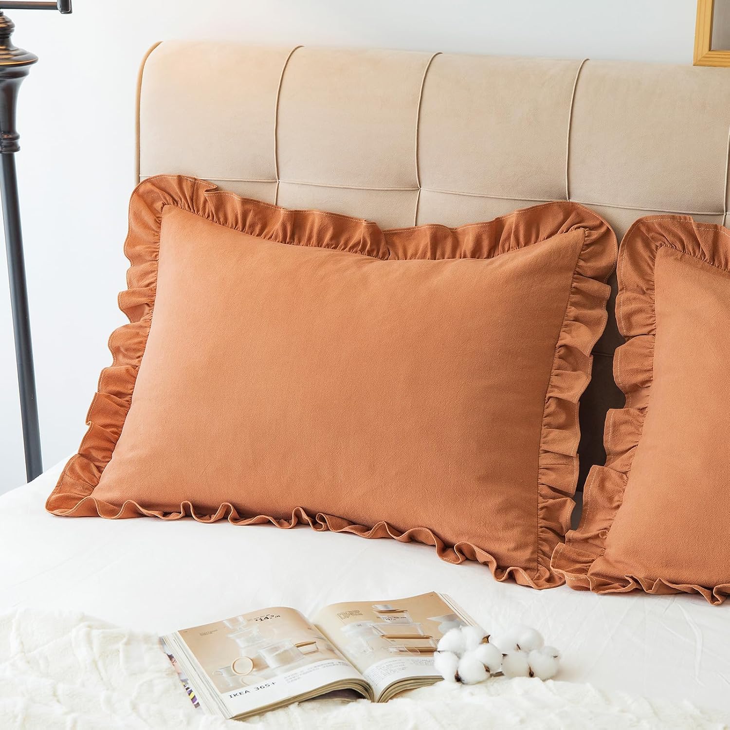 GLORY SEASON Pillow Shams Set of 2 Washed 100% Cotton Retro Ruffle Flounces Trim Solid Beige Decorative Pillow Cases for Home Bedroom…