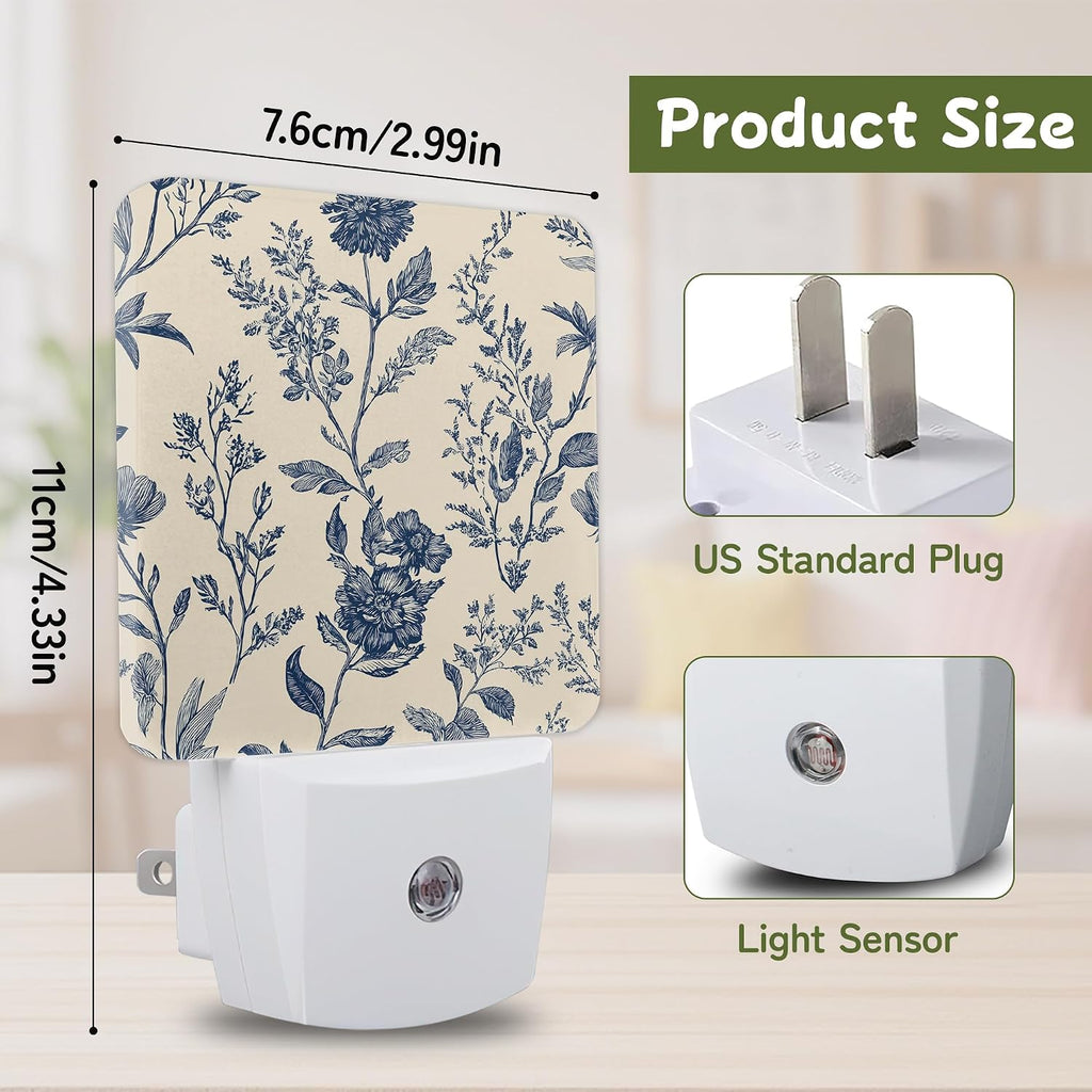 Blue White Toile Birds Night Lights Plug into Wall, Night Light for Bedroom Bathroom Hallway Kitchen, Auto Dusk to Dawn Sensor Decorative…