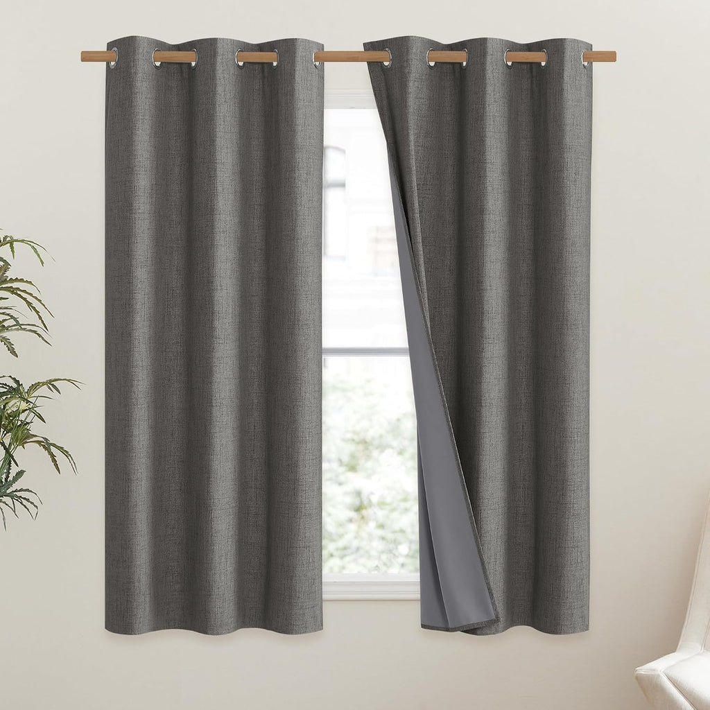 NICETOWN Grizzle Gray Vintage Linen 100% Blackout Curtains for Dining Room, Thermal Insulated Curtains 45" Long, Noise Reducing Window…