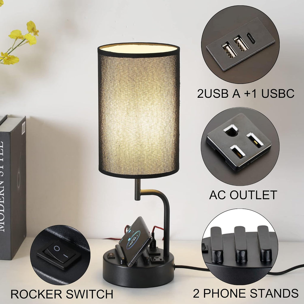 Dreamholder Table Lamp with 3 USB Charging Ports, Modern Desk Lamp with AC Outlet and Phone Stands, Perfect Bedside Lamp for Bedroom…