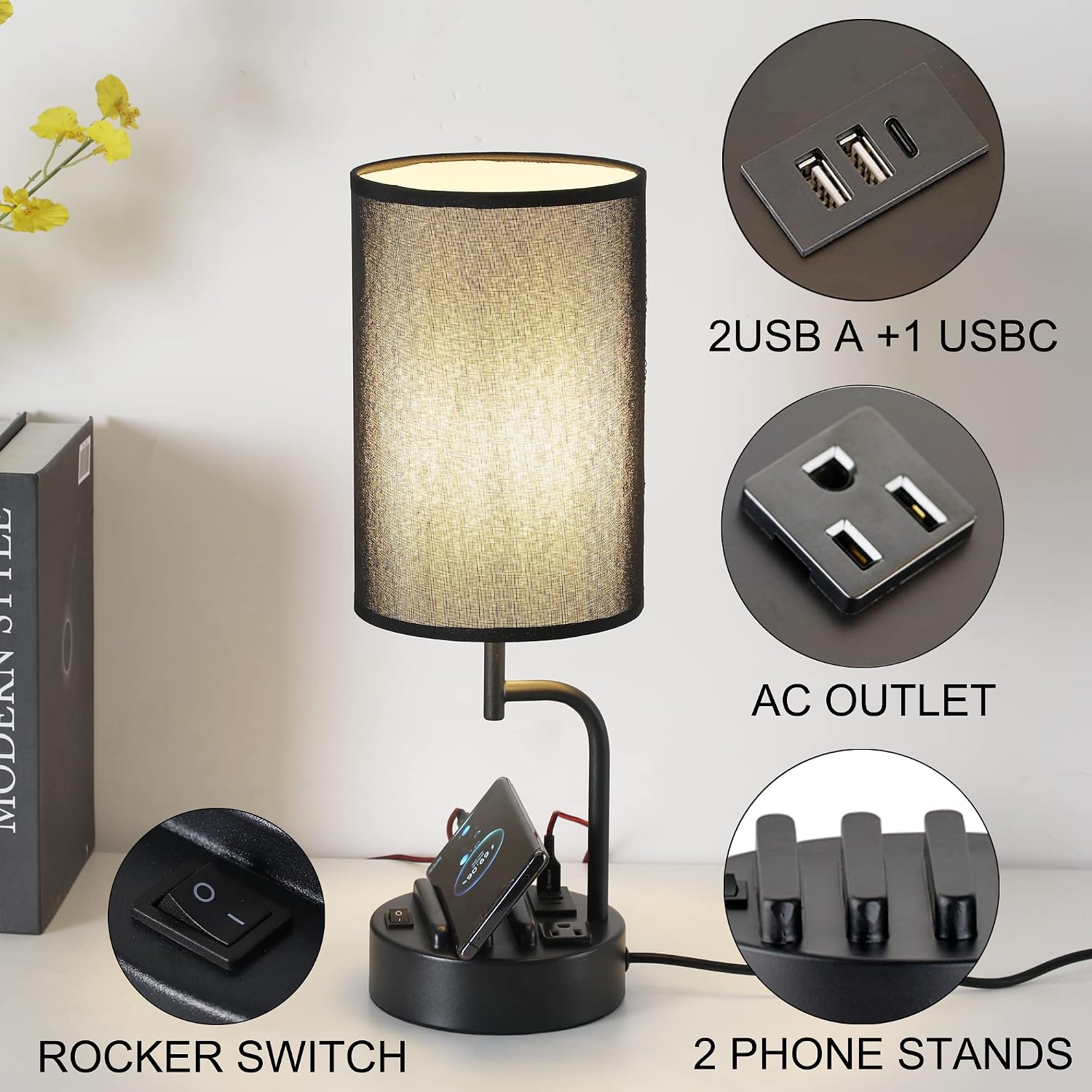 Dreamholder Table Lamp with 3 USB Charging Ports, Modern Desk Lamp with AC Outlet and Phone Stands, Perfect Bedside Lamp for Bedroom…