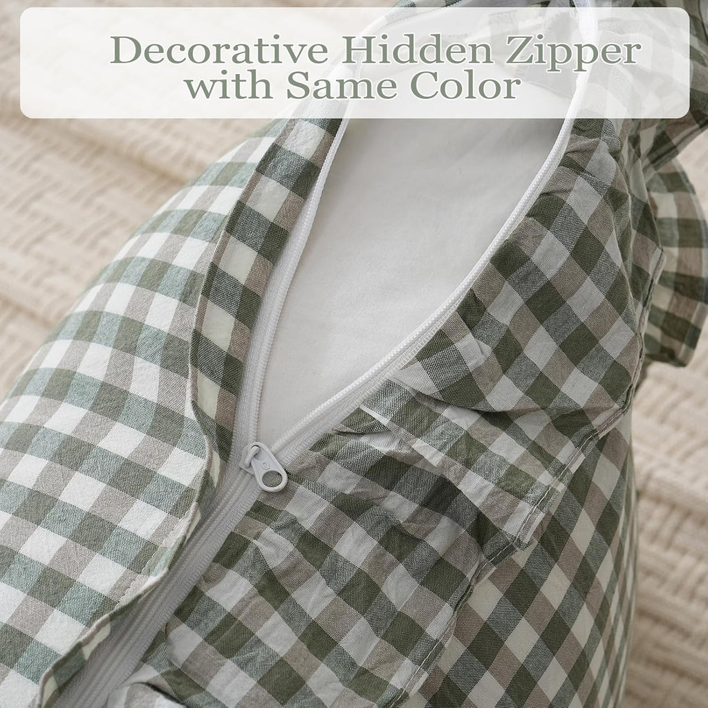 Qilunn 2 Pack Sage Green/White Plaid Ruffle Throw Pillow Covers Farmhouse Checkered Chic Washed Cotton Pillowcases Gingham Pillow Shams for…