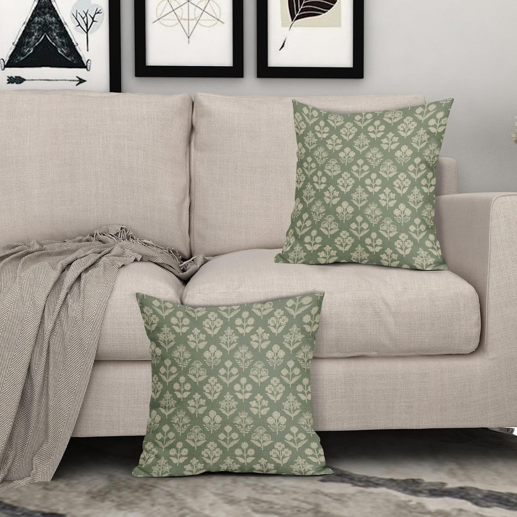 Sage Green Floral Pillow Covers 22x22 Inch Set of 2, Vintage Flower Block Print Pattern Decorative Throw Pillowcases Outdoor Farmhouse…