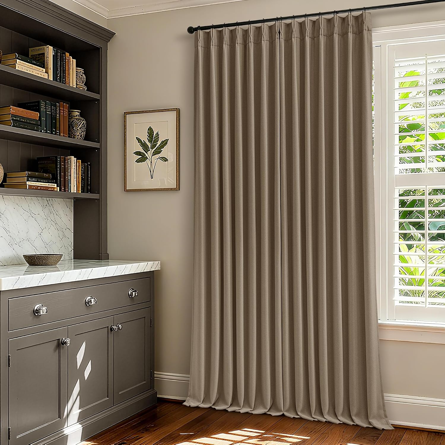 Twodrapes Latte Pinch Pleated 100% Blackout Linen Bedroom Curtains 86 Inch Length Double Layer Pleat Curtains Ring Hooks Back Tab Black Out…