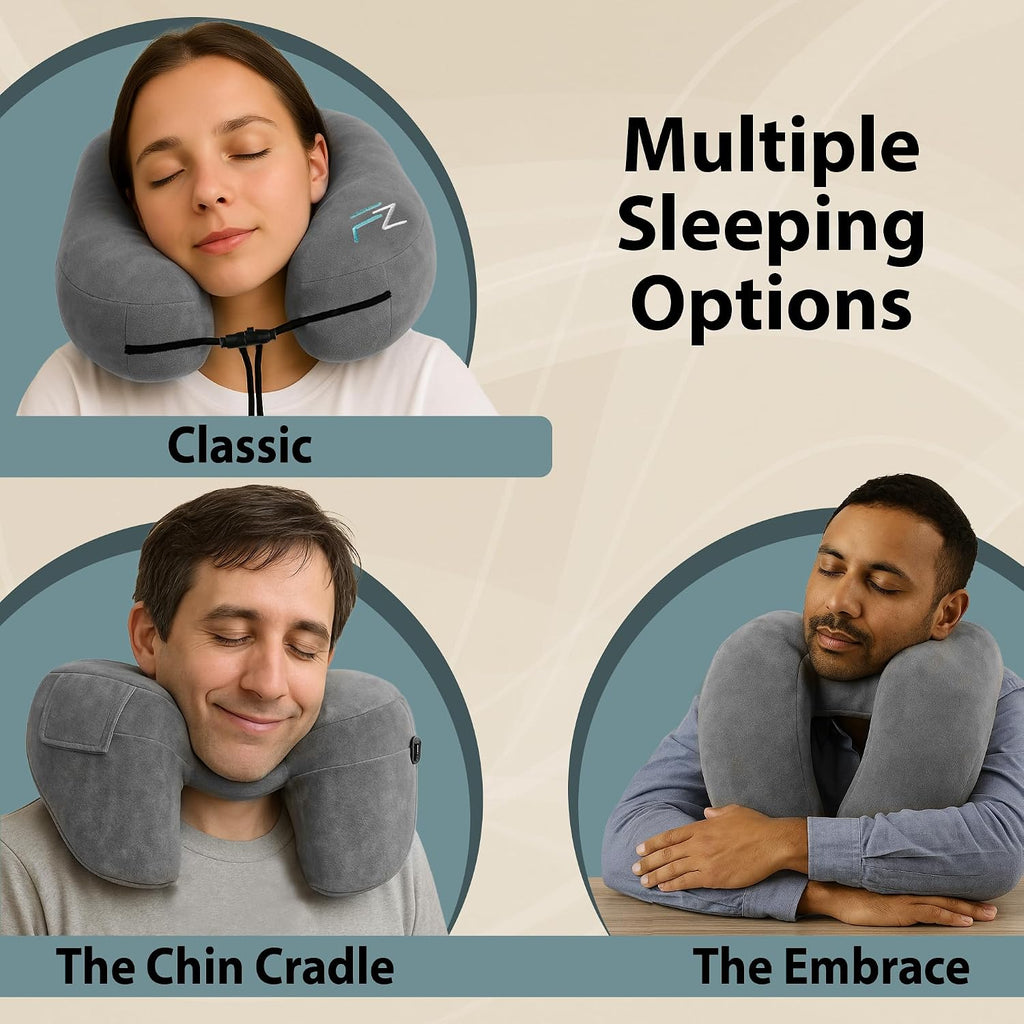 FLOWZOOM Air Inflatable Neck Pillow for Traveling on Plane - H-Shape Hooded Travel Pillow with 5 Snooze Modes, Fast Inflation, Pressure…
