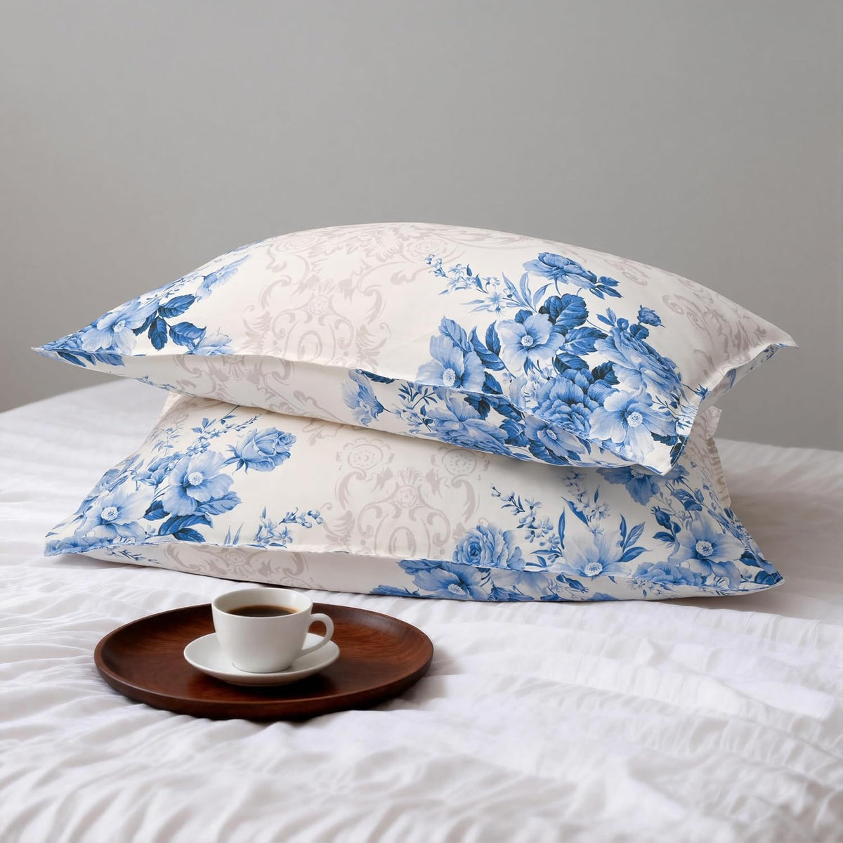 Chuffed 100% French Linen Pillow Cases Porcelain Bloom Print, Farmhouse Floral Stone Washed Pillow Shams with Envelope Closure Soft Breatha…