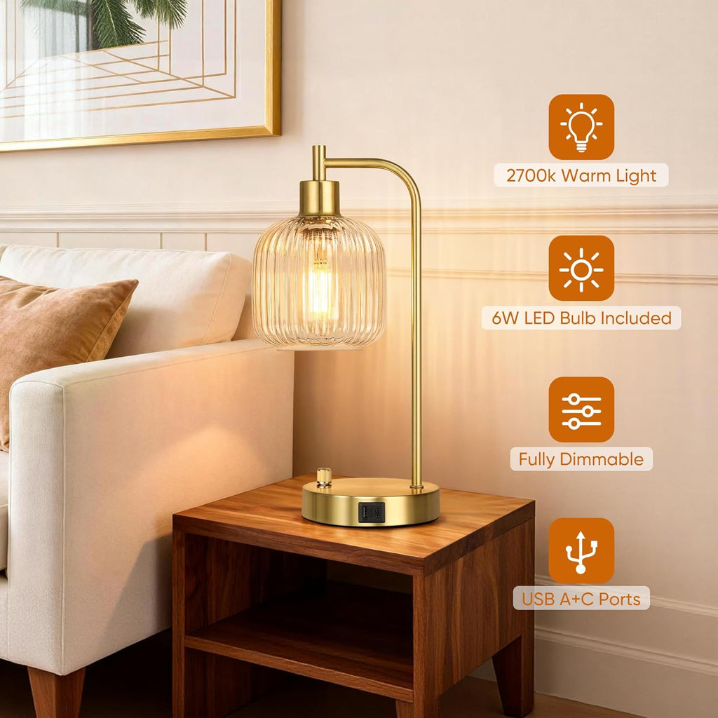 QiMH Industrial Table Lamp for Bedroom Set of 2, Clear Glass Beside Lamp with USB A&C Ports, Stepless Dimmable Gold Lamps, Nightstand…
