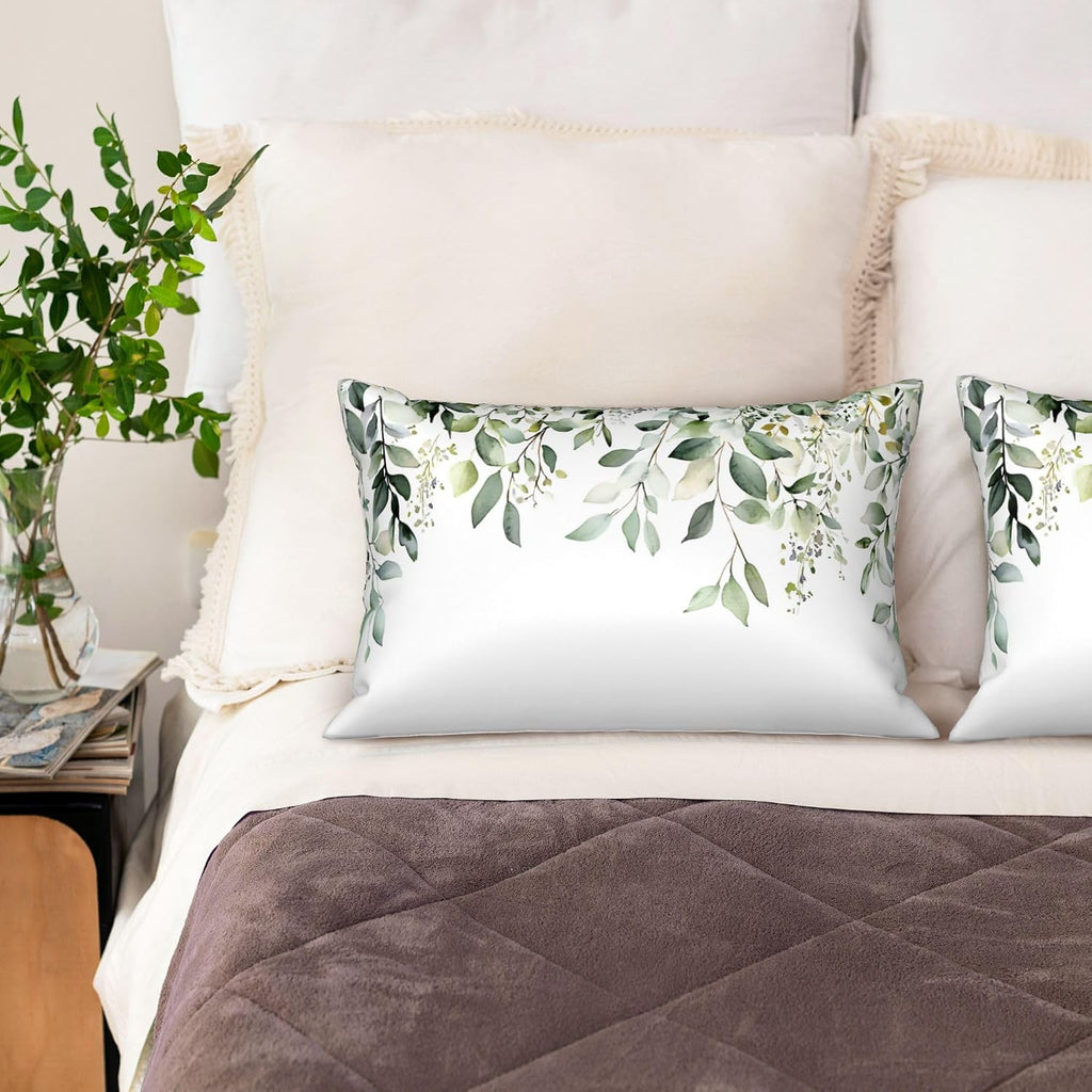 Imitation Silk Pillowcase for Hair and Skin Floral Watercolor Green Branches 1 Pack Satin Queen Pillowcase with Hidden Zipper Cooling…