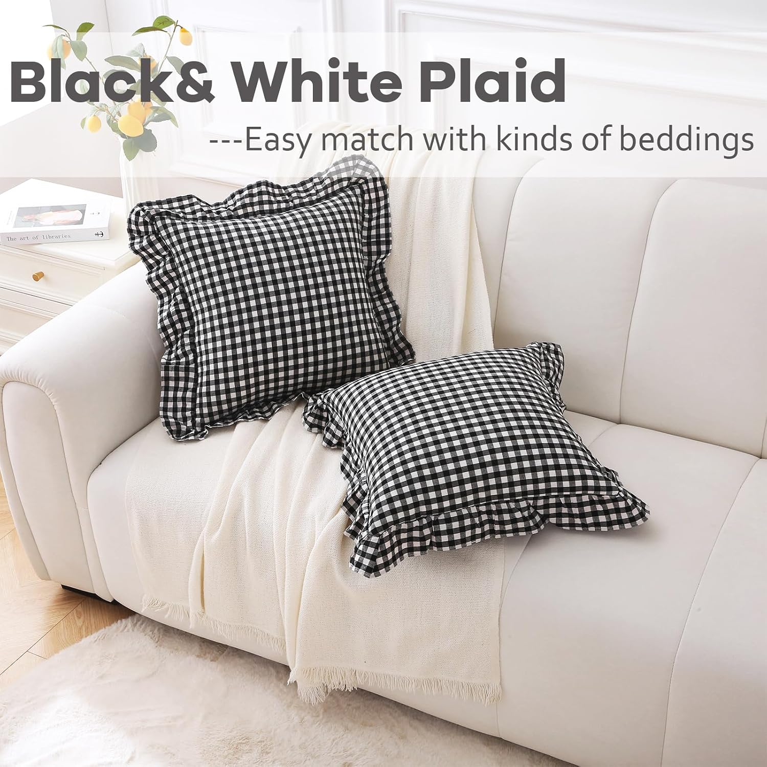 Kmasaniji 2 Pack Black White Plaid Ruffle Gingham Throw Pillow Covers, 100% Washed Cotton Buffalo Checkered Farmhouse Pillow Shams - 18''x1…