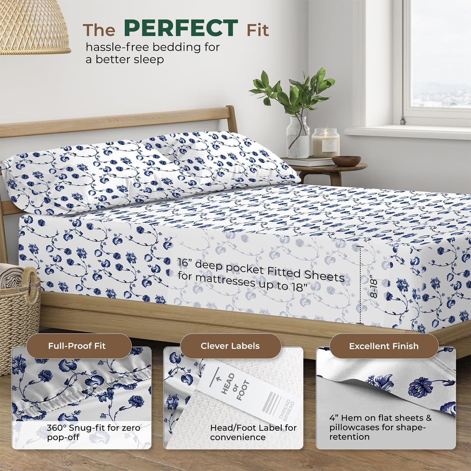 THREAD SPREAD 100% Organic Cotton Sheets Full Size - Organic Cotton Full Size Percale Sheet Set (4 PC, Floral Blue), Soft, Cooling, Crisp…