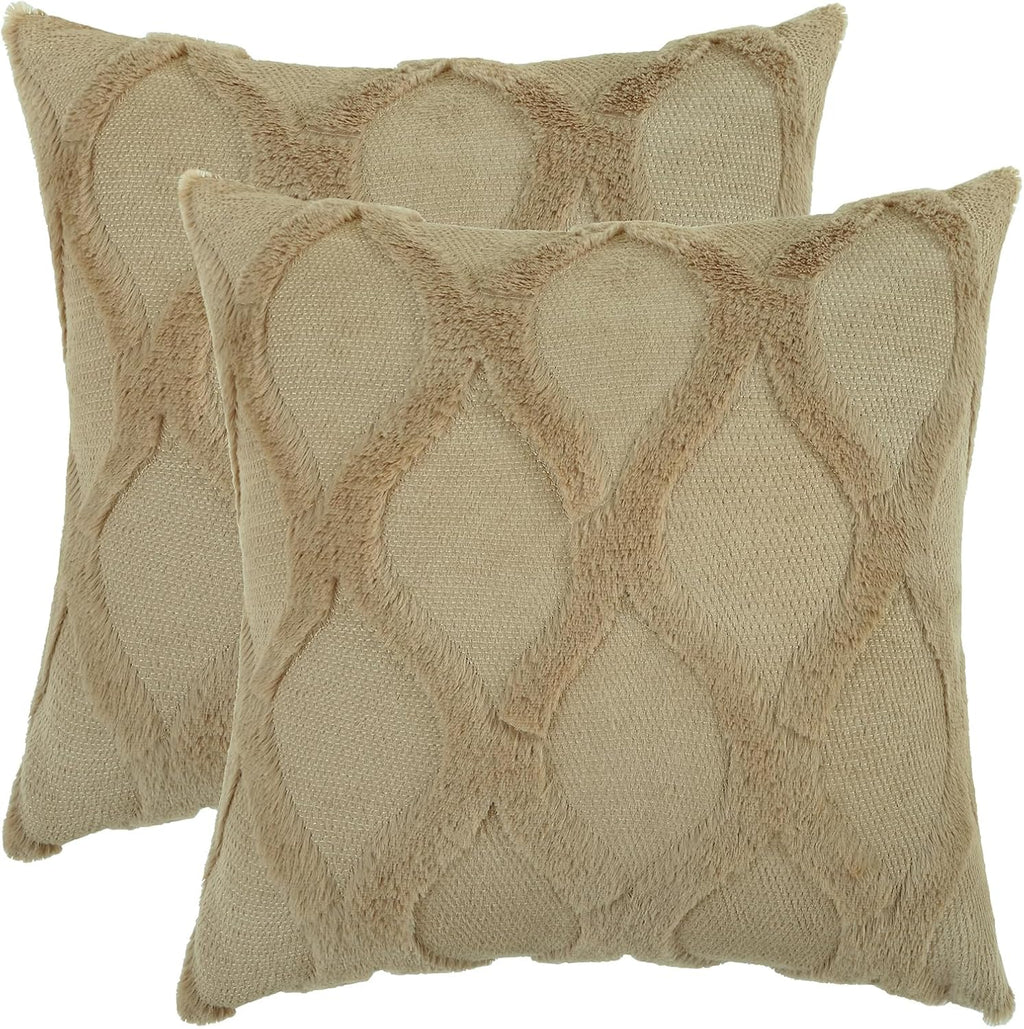 decorUhome Summer Throw Pillow Covers 18x18 Inch Set of 2, Soft Plush Faux Fur Wool Khaki Accent Couch Pillow Covers for Modern Farmhouse B…