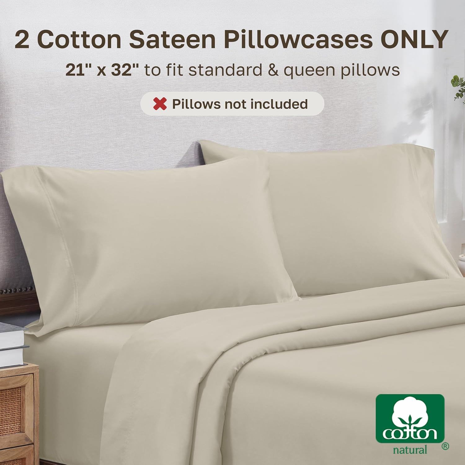 CaliforniaDesignDen California Design Den Pillow Cases Standard Size Set of 2-800 Thread Count Sateen, Natural 100% Cotton Pillowcases, Fit…