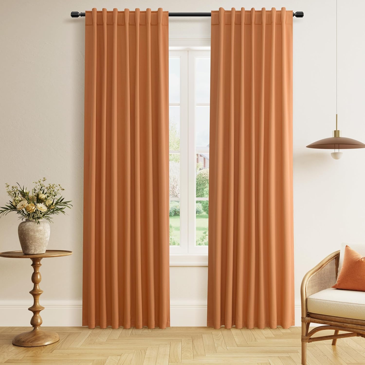 Guken Orange 100% Blackout Linen Curtains 84 Inch Length 2 Panels Set for Living Room Bedroom Back Tab Thermal Insulated Black Out Drapes R…