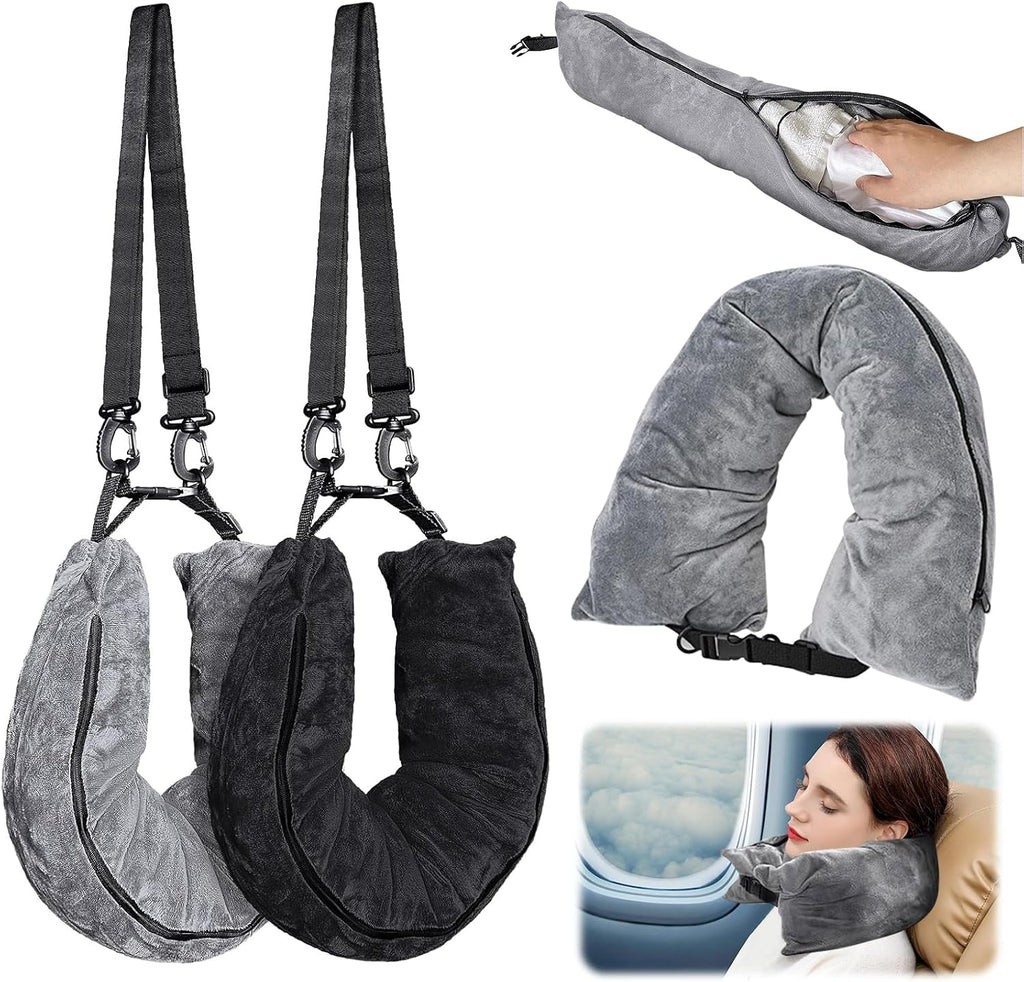 2Pcs Stuffable Travel Pillow, Velvet Travel Neck Pillow Stuffed with Clothes Storage, Fits About 6 T-Shirts Travel Essentials…