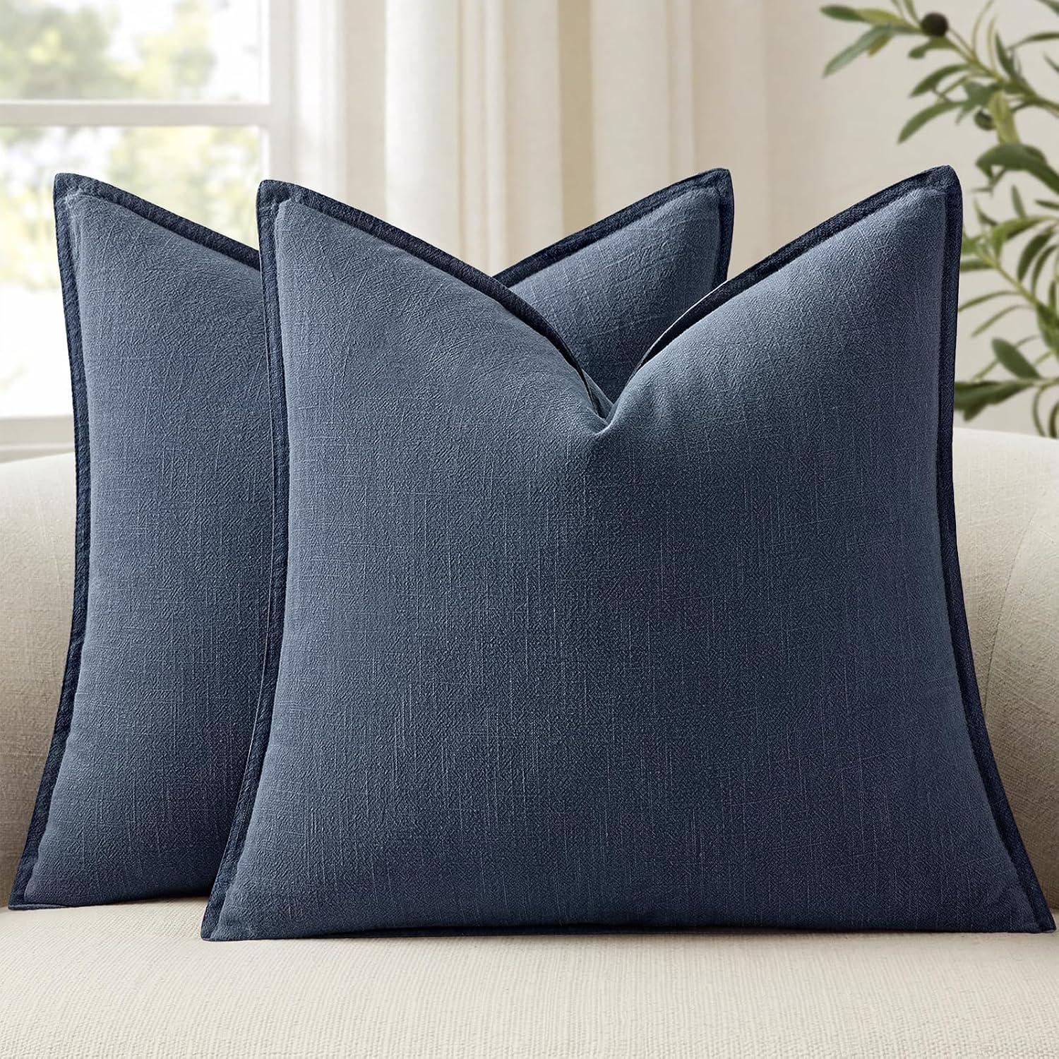 Anroduo Pack of 2 Decorative Linen Pillow Covers Indigo Blue Neutral Farmhouse Boho Soild Cushion Case Soft Accent Pillowcase for Couch Sof…