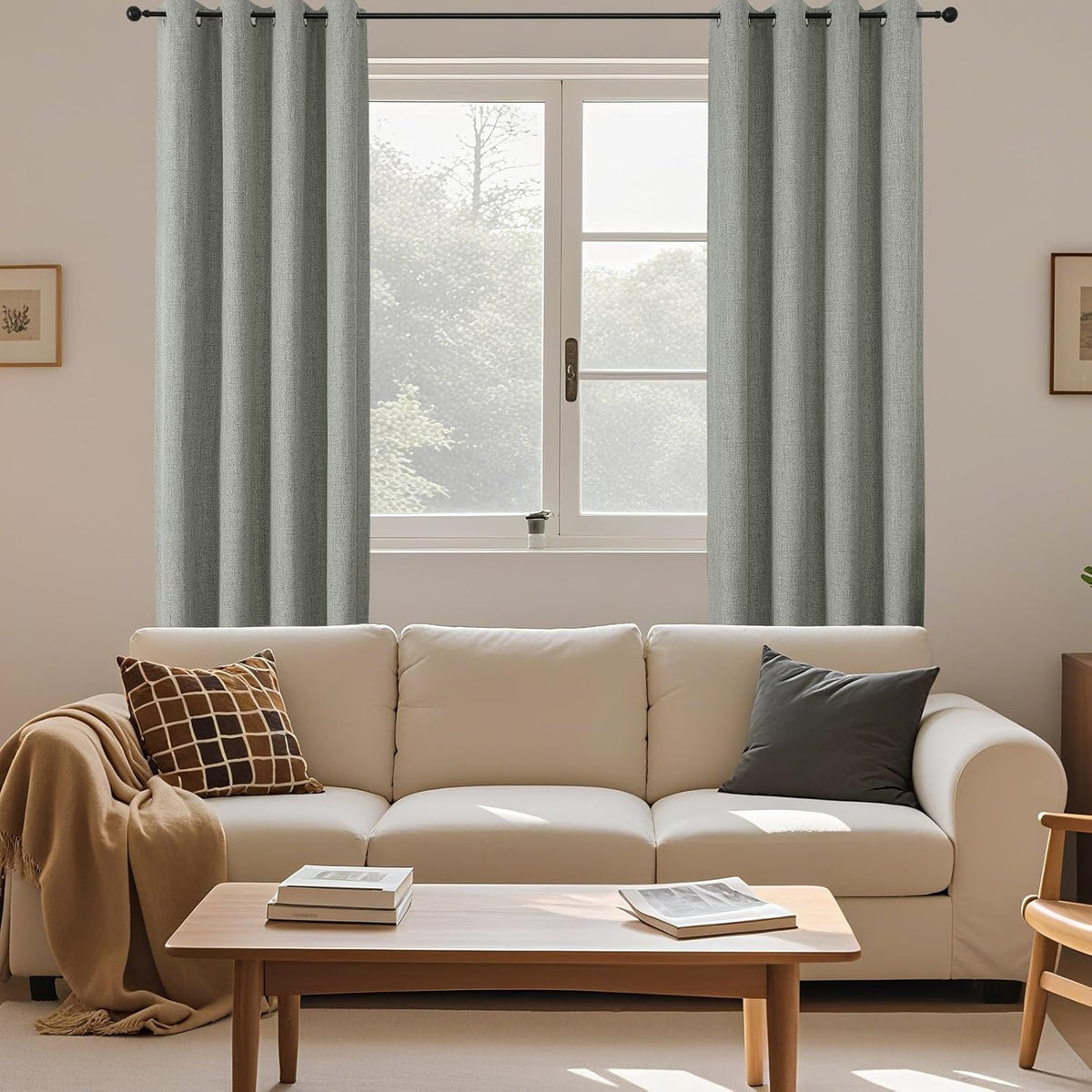 Cucraf 100% Blackout Curtains 96 inches Length 2 Panels Set, Room Darkening Linen Textured Curtain Grommet for Bedroom Living Room, Light B…
