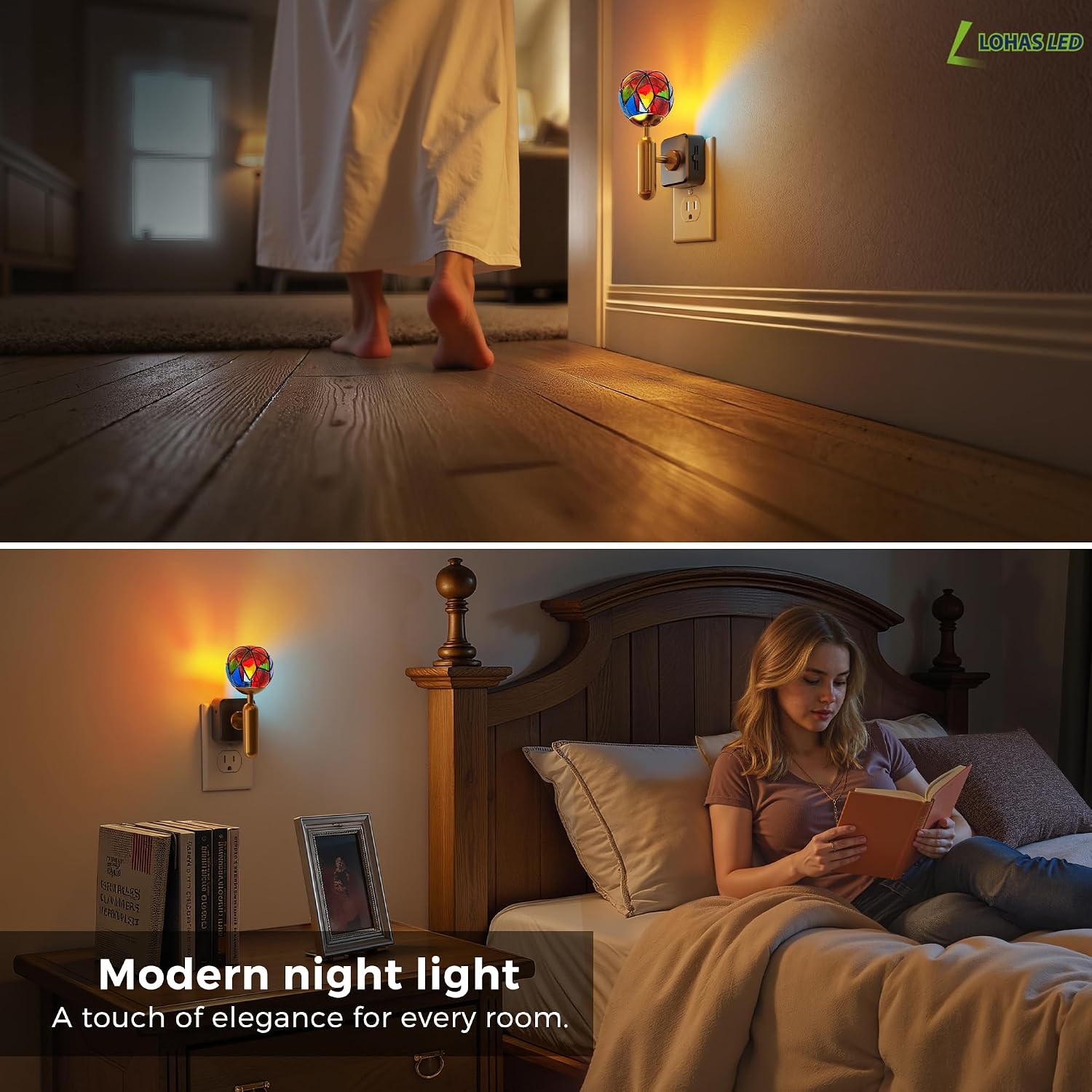 L LOHAS LED Vintage Night Light Plug in with 0-100% Stepless Dimming, Stained Glass Nightlight with Dusk to Dawn Sensor, Aesthetics Plug…