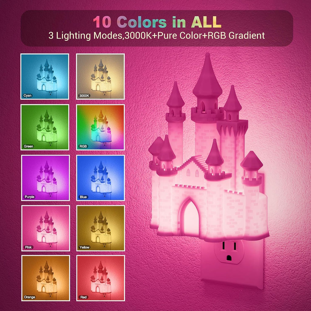 JandCase Night Lights Plug into Wall,3D Printed Castle RGB Night Light,10-Color Change Night Light, Dimmable Nightlights with Dusk to Dawn…
