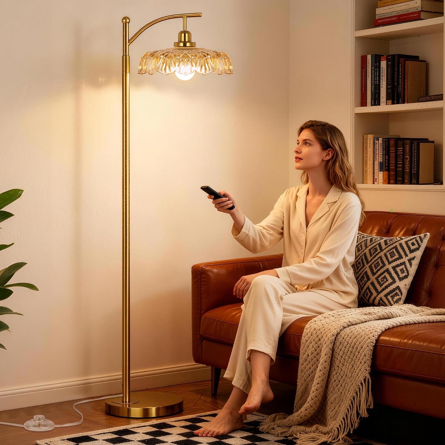 Gold Floor Lamp for Living Room, Dimmable Mid Century Modern Standing Lamp with Remote Control and Amber Glass Shade, 68" Tall Lamp for…