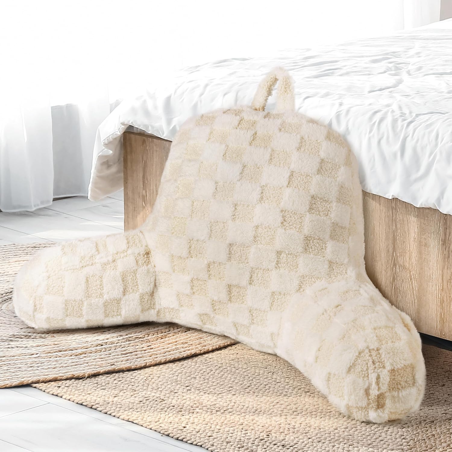 Aels Large Reading Pillow Replacement Cover with Arms and Pockets (Cover ONLY), 18" Soft Faux Fur Checkered Backrest Pillow Cover Fits Stan…
