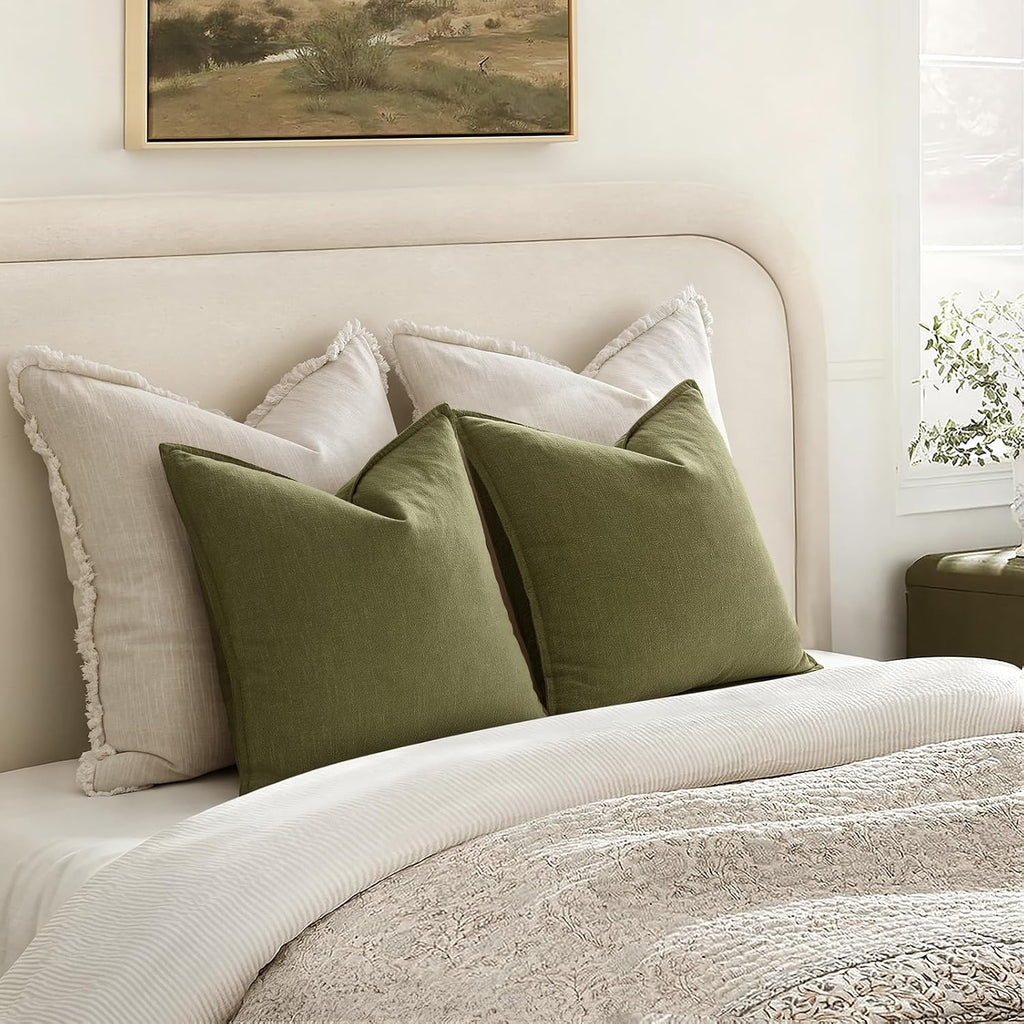 Anroduo Pack of 2 Decorative Linen Pillow Covers Green Neutral Farmhouse Boho Soild Cushion Case Soft Accent Pillowcase for Couch Sofa Bedr…