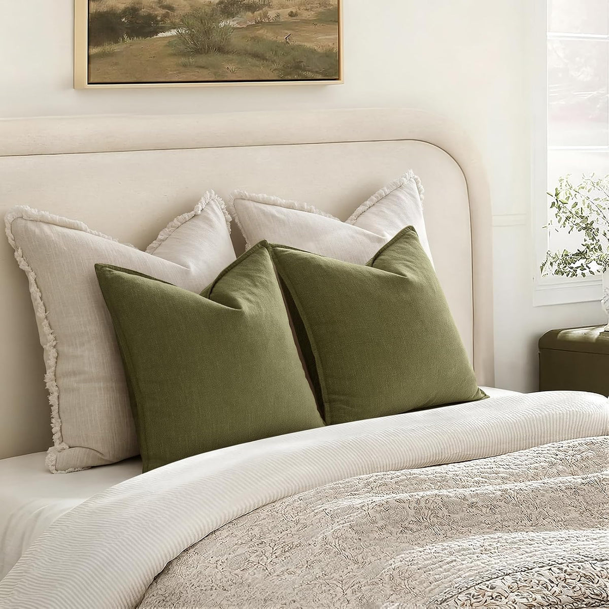 Anroduo Pack of 2 Decorative Linen Pillow Covers Green Neutral Farmhouse Boho Soild Cushion Case Soft Accent Pillowcase for Couch Sofa Bedr…