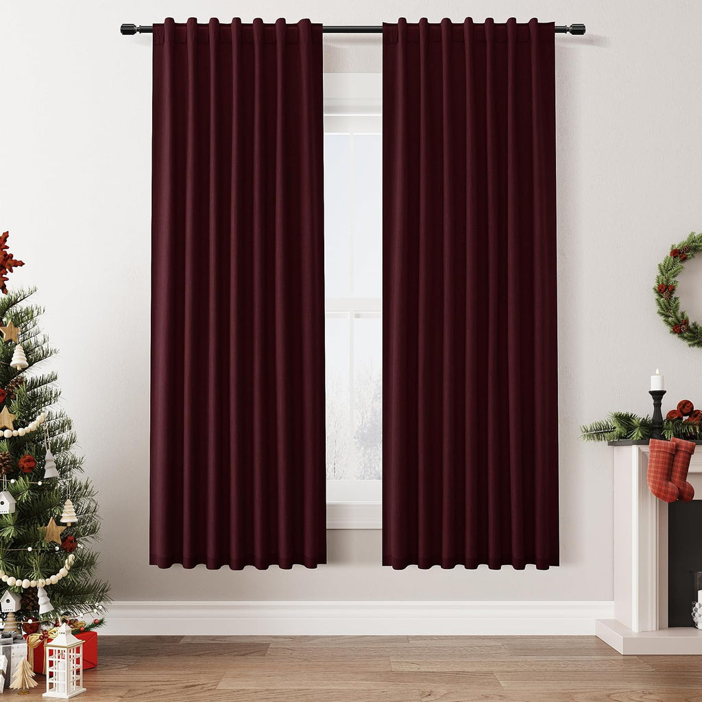 Guken Burgundy 100% Blackout Linen Curtains 72 Inch Length 2 Panels Set for Living Room Bedroom Back Tab Thermal Insulated Black Out Drapes…