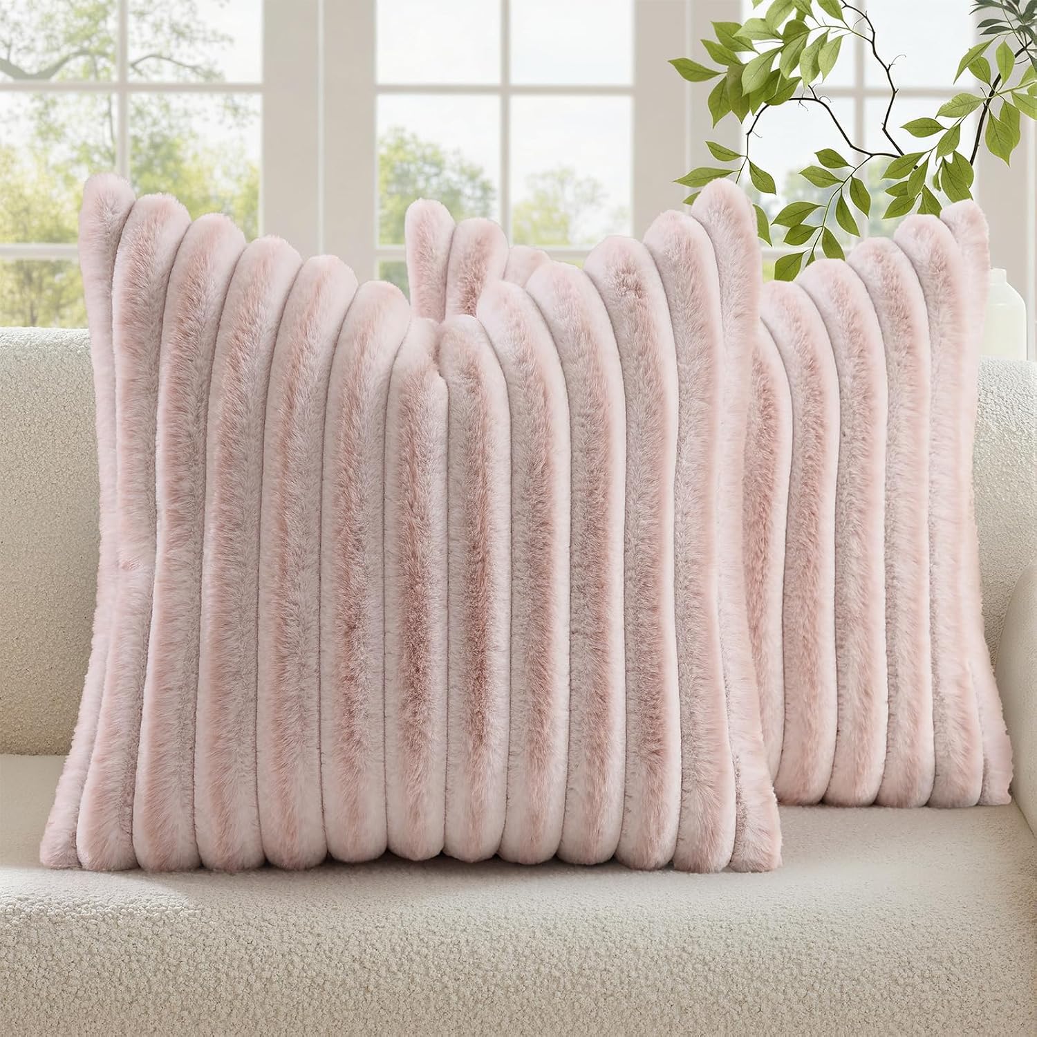 decorUhome Summer Cozy Faux Fur Throw Pillow Covers 26x26 Set of 2 Decorative Plush Striped Modern Farmhouse Boho Couch Euro Sham Pillow Ca…