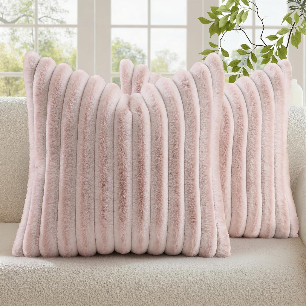 decorUhome Summer Cozy Faux Fur Throw Pillow Covers 18x18 Set of 2 Decorative Soft Plush Striped Modern Farmhouse Boho Couch Pillow Cases w…