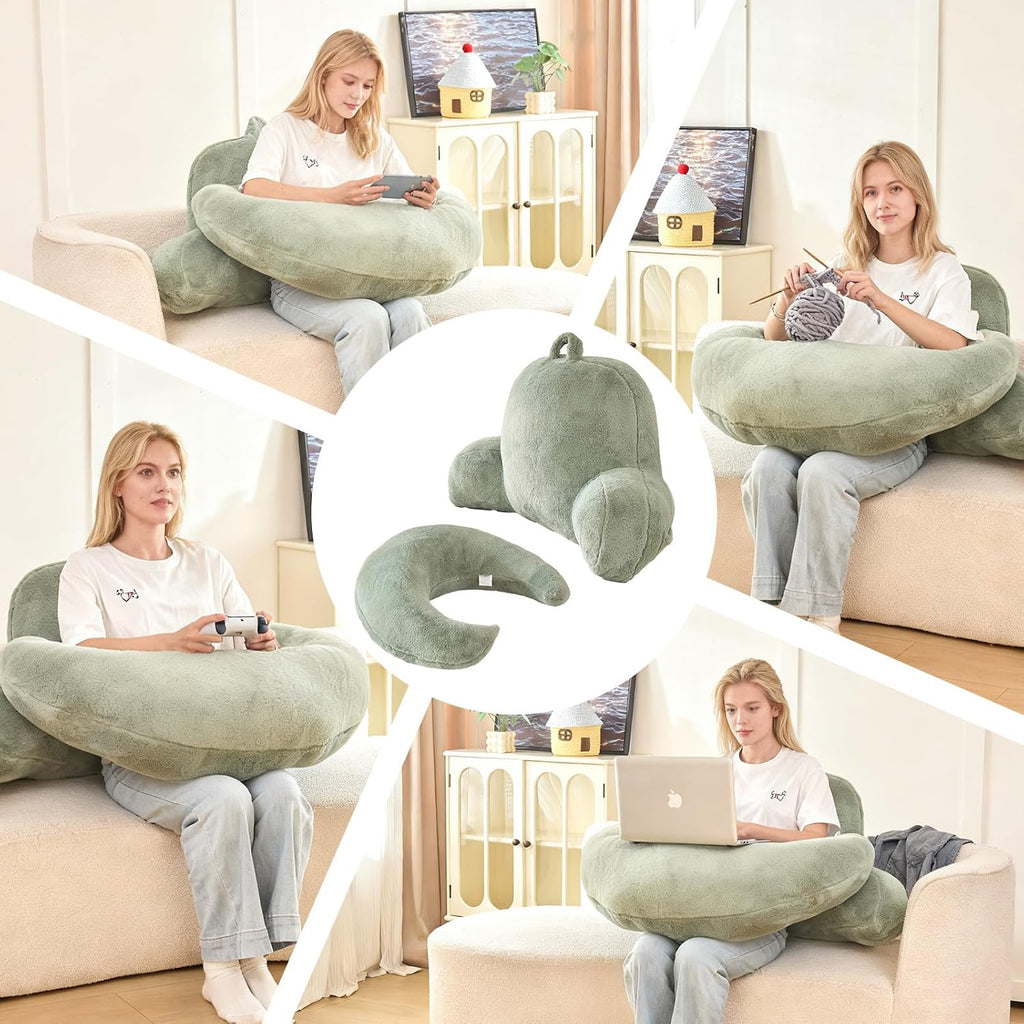 19" Faux Fur Reading Pillow for Bed, U Shaped Support Cushion with Lumbar & Arms, Luxurious Soft Backrest for Gaming, Lounging, Watching…