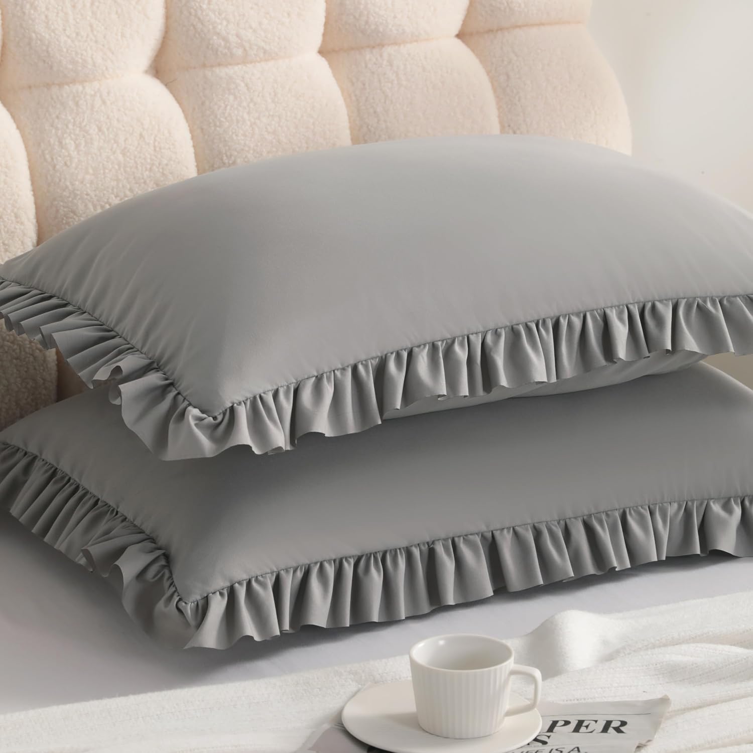Aerlomi Ruffled Pillowcases, Queen Pillow Shams 20x30 Set of 2, Brushed Microfiber with Envelope Closure, Soft Wrinkle-Resistant, Sm…