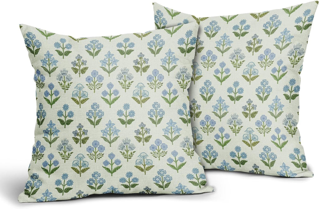 Blue Green Block Print Pillow Covers 24x24 Inch Set of 2, Vintage Floral Spring Decorative Throw Pillow Cases Boho Cushion Covers Rustic…